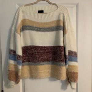 Buckle Cream Crewneck Sweater with Mustard, Gray, Blue & Maroon Stripes
